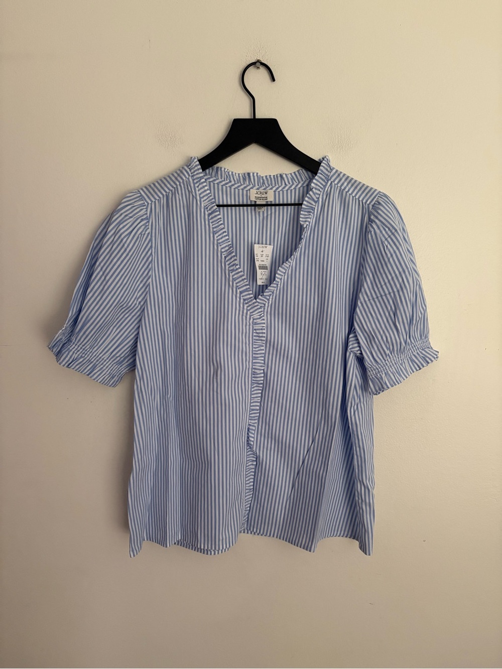 J. Crew Factory Light Blue Stripe V-Neck Puff Sleeve Top women’s Large NWT